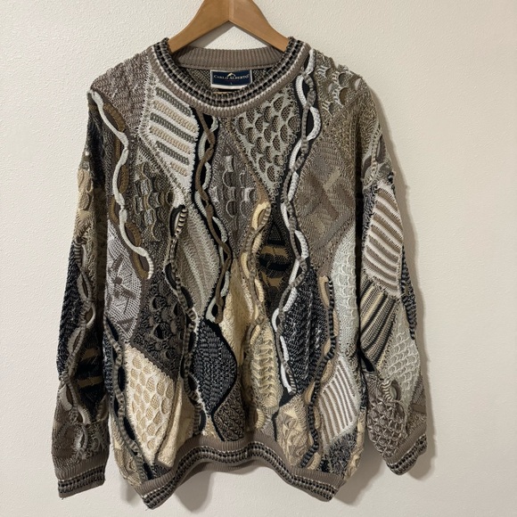 Vintage 90s Carlo Alberto 3D Knit Crewneck Sweater Australia Cotton Brown Gray-L